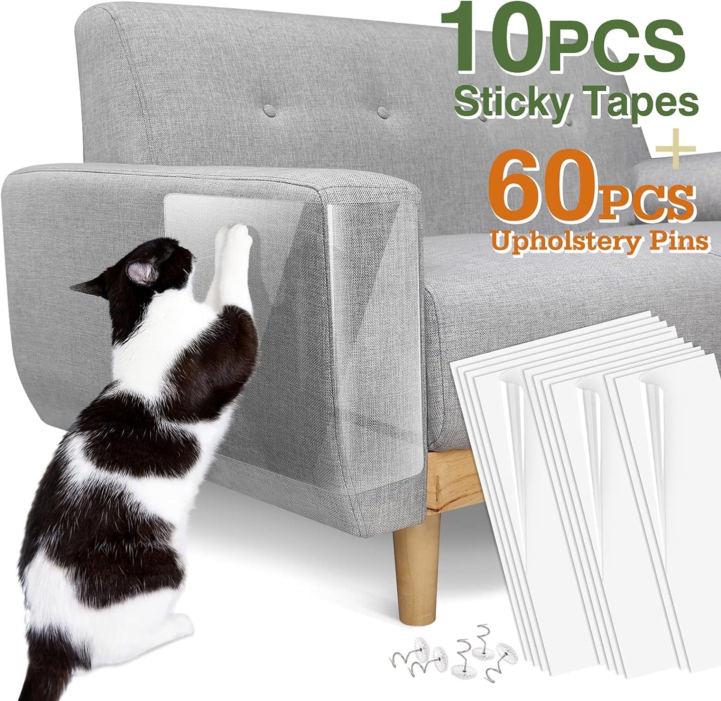 Cat Scratch Furniture Protector Tape - 10 Pack with 60 Upholstery Pins, Effective Cat Scratch Deterrent for Couches and Corners, White