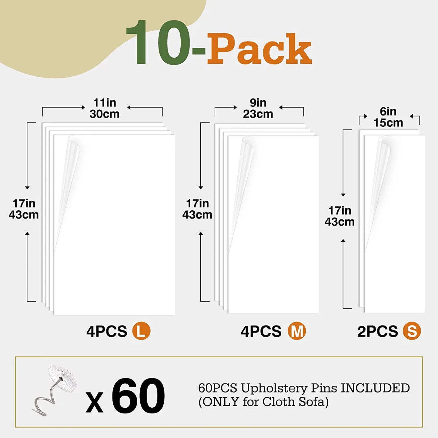 Cat Scratch Furniture Protector Tape - 10 Pack with 60 Upholstery Pins, Effective Cat Scratch Deterrent for Couches and Corners, White