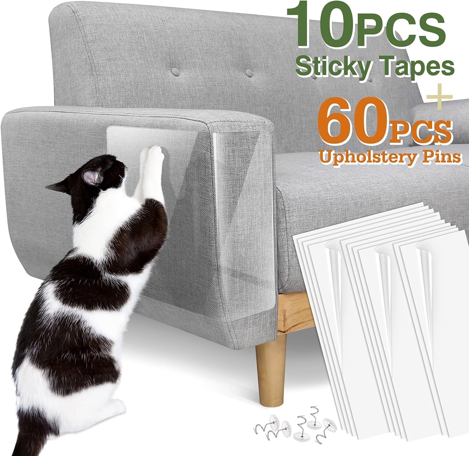 Cat Scratch Furniture Protector Tape - 10 Pack with 60 Upholstery Pins, Effective Cat Scratch Deterrent for Couches and Corners, White