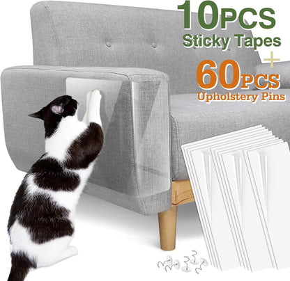 Cat Scratch Furniture Protector Tape - 10 Pack with 60 Upholstery Pins, Effective Cat Scratch Deterrent for Couches and Corners, White